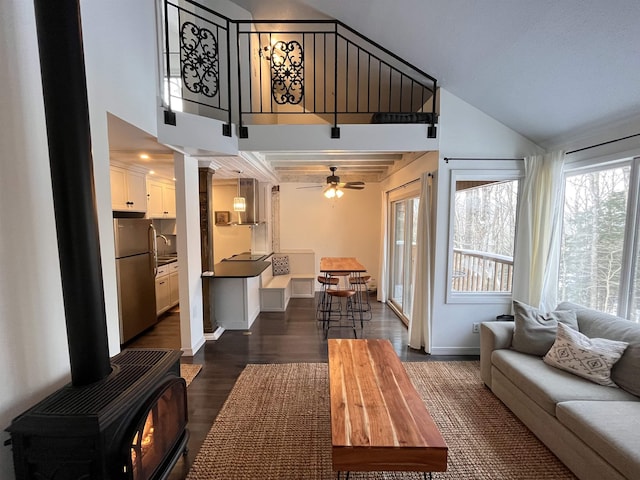 living room featuring ceiling fan, dark hardwood / wood-style flooring, a wood stove, and sink