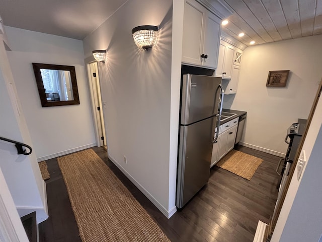 kitchen featuring wooden ceiling, white cabinets, stainless steel appliances, and dark hardwood / wood-style floors