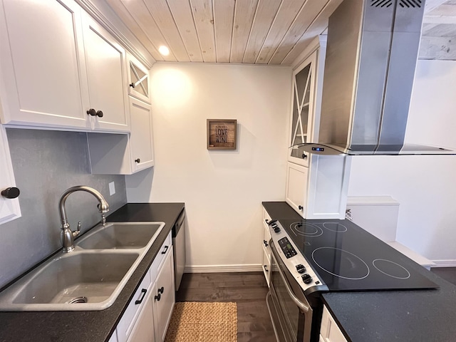 kitchen featuring electric range, white cabinetry, extractor fan, and sink