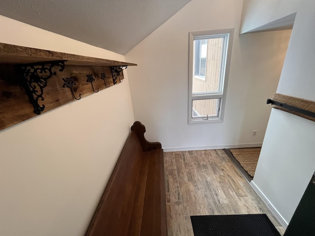 hall featuring hardwood / wood-style floors and lofted ceiling