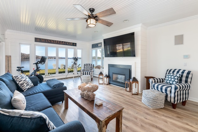 living room featuring light hardwood / wood-style flooring, ceiling fan, and crown molding