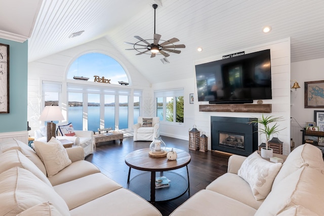 living room with ceiling fan, a large fireplace, dark wood-type flooring, high vaulted ceiling, and wood ceiling