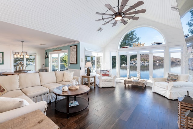 living room with dark wood-type flooring, high vaulted ceiling, a water view, wood ceiling, and ceiling fan with notable chandelier