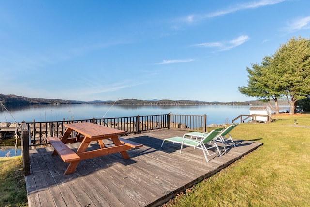 view of dock featuring a water view and a lawn