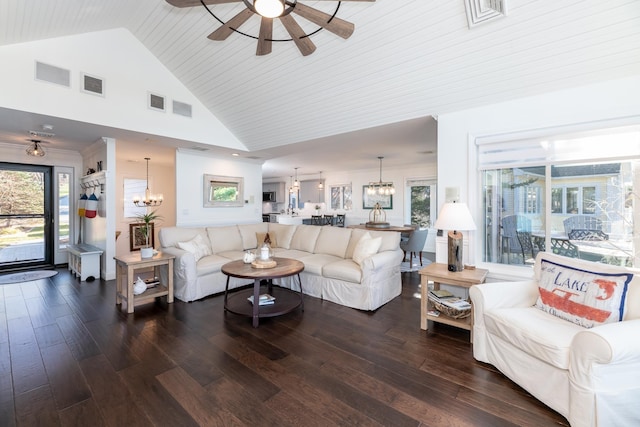 living room featuring dark hardwood / wood-style flooring, high vaulted ceiling, wood ceiling, and ceiling fan with notable chandelier