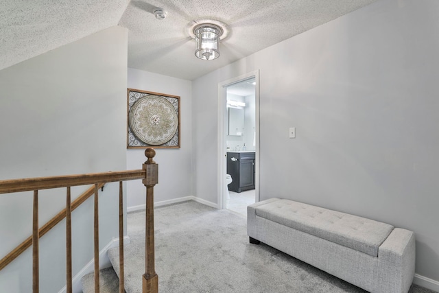 sitting room with light carpet and a textured ceiling