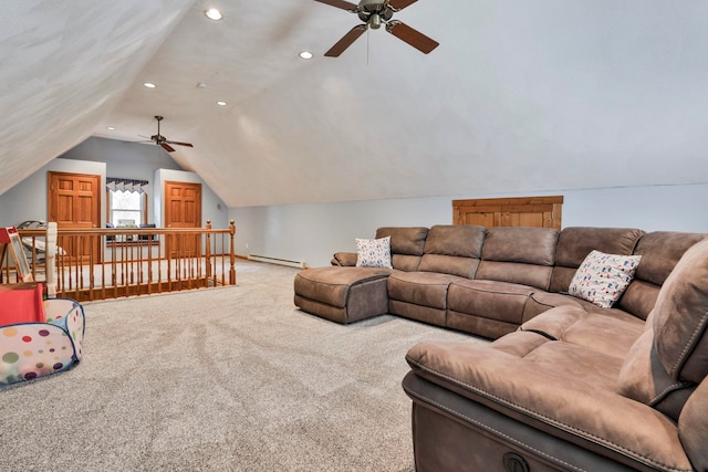 carpeted living room featuring ceiling fan, lofted ceiling, and a baseboard radiator