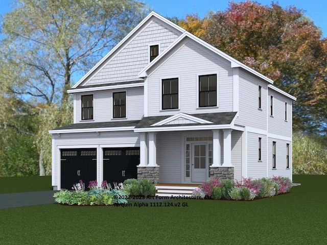 view of front of property featuring a front yard, covered porch, and a garage