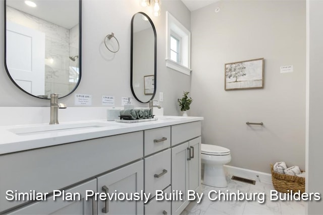 bathroom with toilet, vanity, and a shower