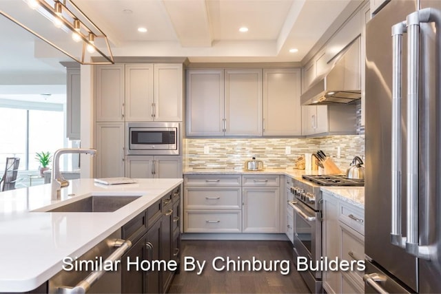 kitchen featuring sink, premium appliances, gray cabinetry, and tasteful backsplash