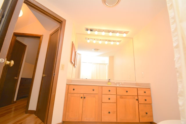 bathroom featuring vanity and wood-type flooring