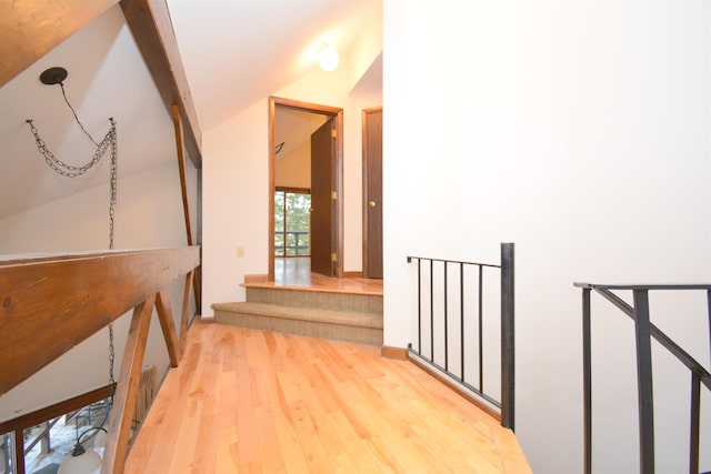 corridor with hardwood / wood-style floors and lofted ceiling