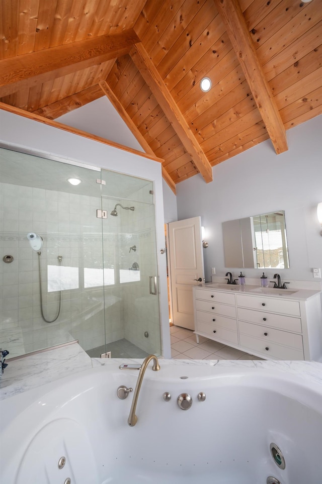 43 Upton Rd, Dover, VT 05356 - bathroom featuring wood ceiling, a tub with jets, a stall shower, double vanity, and tile patterned flooring