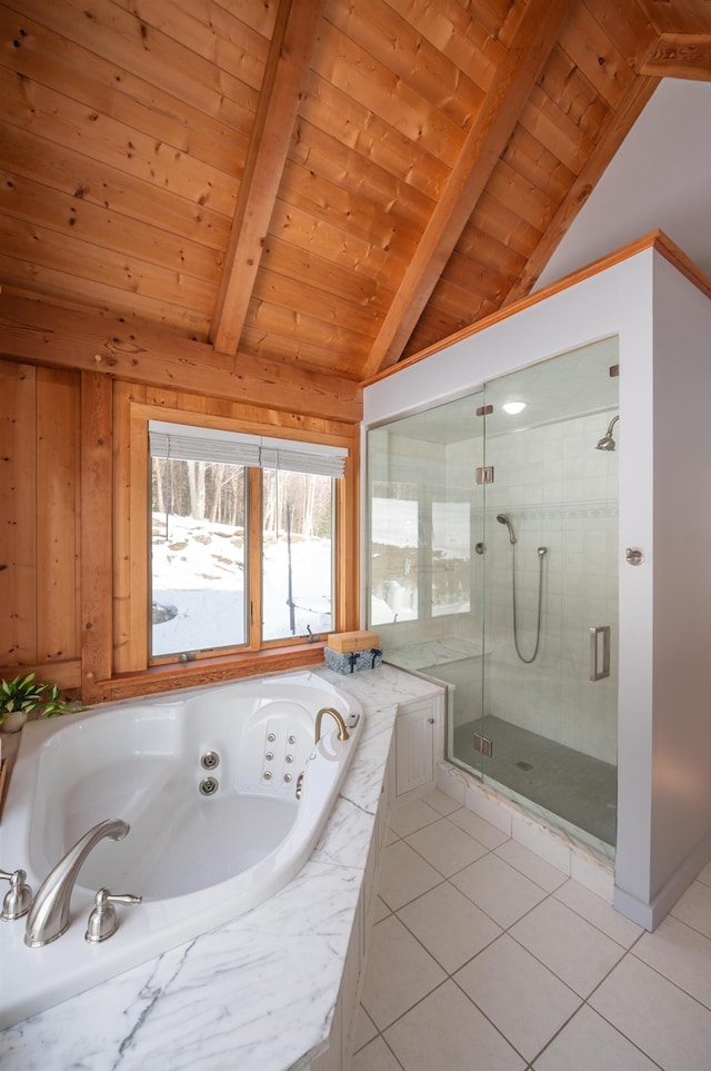 43 Upton Rd, Dover, VT 05356 - bathroom featuring wooden ceiling, a shower stall, tile patterned flooring, and a tub with jets