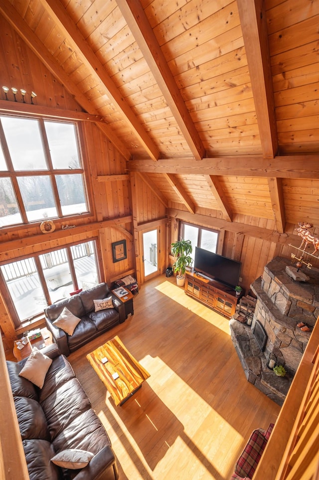 43 Upton Rd, Dover, VT 05356 - living area with wood ceiling, wood finished floors, and wooden walls
