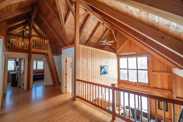 43 Upton Rd, Dover, VT 05356 - hallway with wooden walls, wood finished floors, and wood ceiling