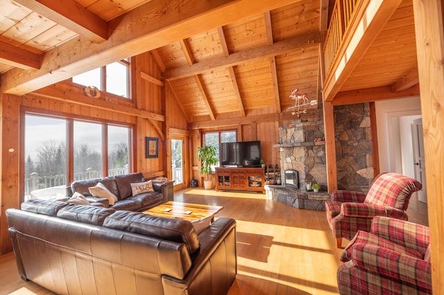 43 Upton Rd, Dover, VT 05356 - living area with healthy amount of natural light, wooden ceiling, hardwood / wood-style floors, a fireplace, and wood walls