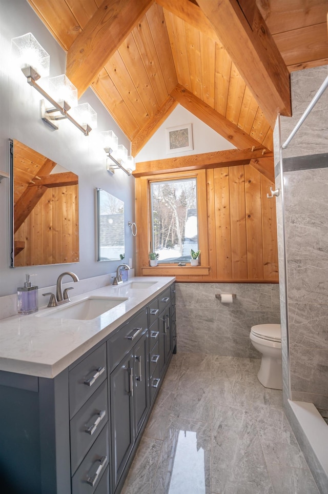 43 Upton Rd, Dover, VT 05356 - bathroom with wooden ceiling, double vanity, and a shower