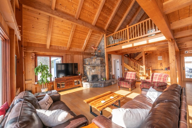 43 Upton Rd, Dover, VT 05356 - living room featuring wood finished floors, a wooden ceiling with exposed beams, stairs, wooden walls, and high vaulted ceiling