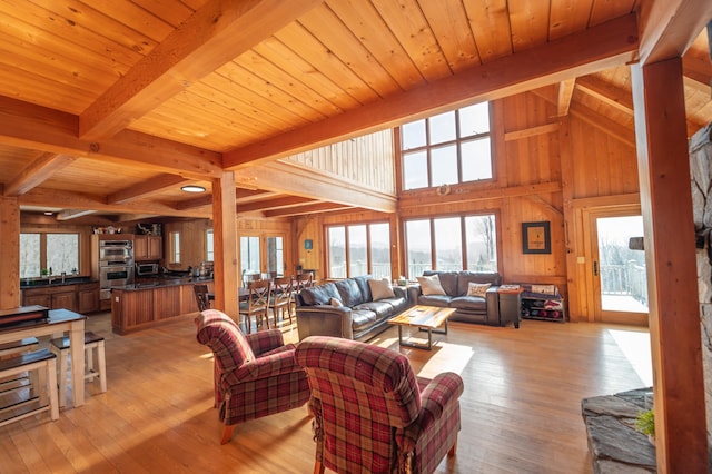 43 Upton Rd, Dover, VT 05356 - living area featuring light wood-type flooring, wooden walls, and wooden ceiling