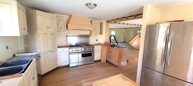 kitchen with custom exhaust hood, dark hardwood / wood-style floors, sink, and stainless steel appliances