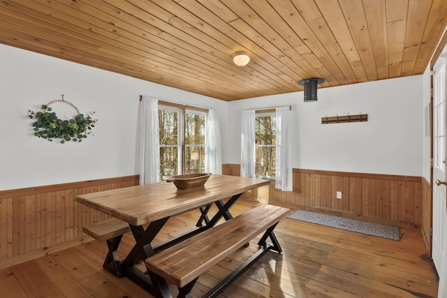 dining room featuring wood ceiling and light hardwood / wood-style flooring