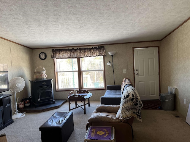 living room with carpet flooring, a wood stove, and crown molding