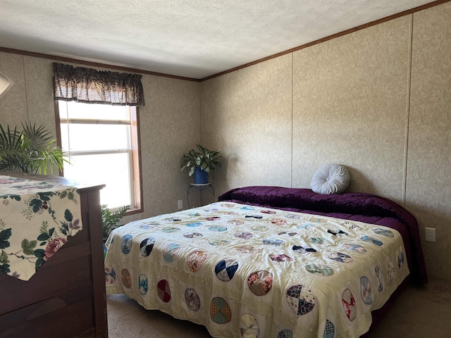 carpeted bedroom with a textured ceiling and ornamental molding