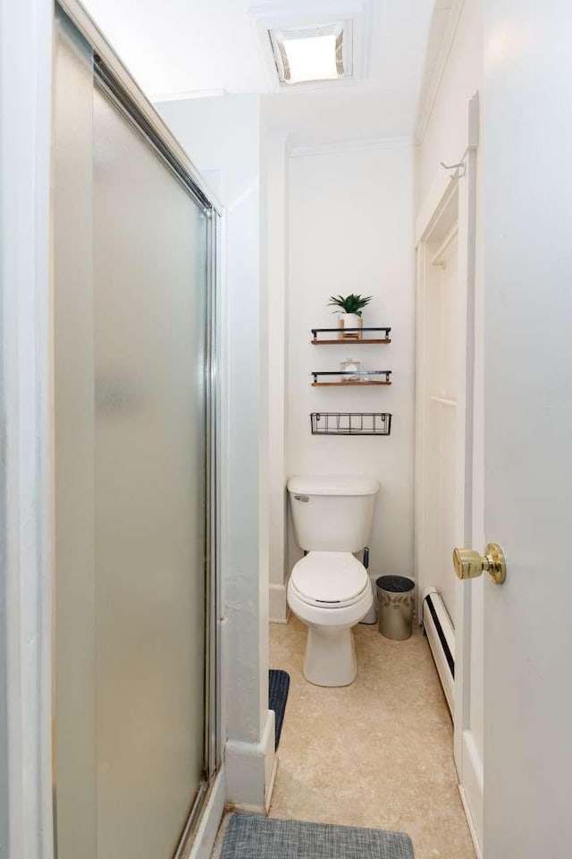 bathroom with crown molding, a baseboard radiator, an enclosed shower, and toilet