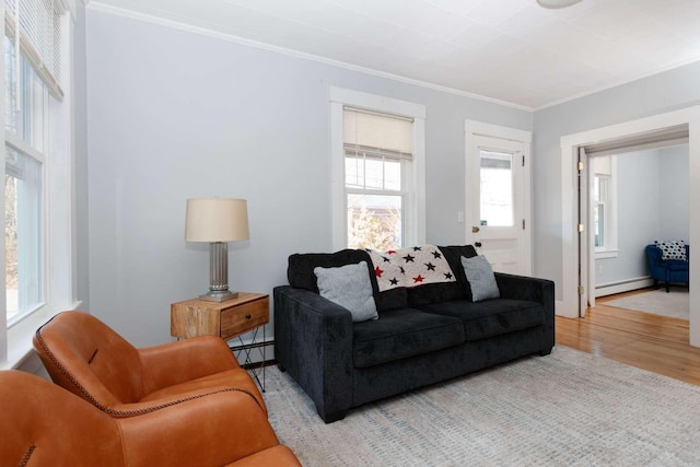 living room with light hardwood / wood-style flooring, baseboard heating, and crown molding