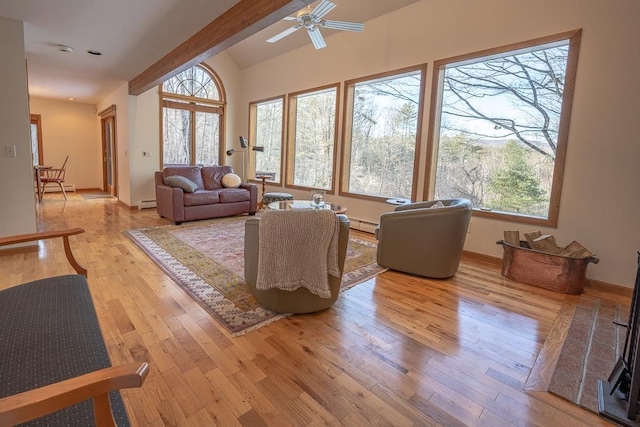 living room with ceiling fan, lofted ceiling with beams, a baseboard radiator, and light wood-type flooring