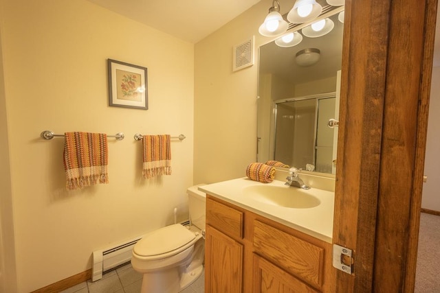 bathroom featuring vanity, tile patterned flooring, toilet, a baseboard radiator, and an enclosed shower