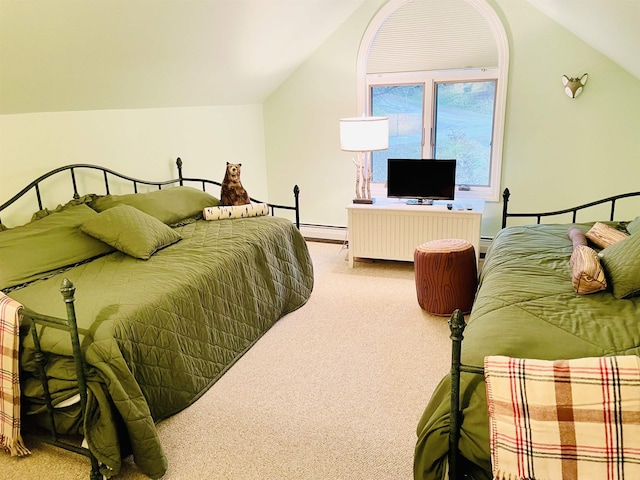 carpeted bedroom with lofted ceiling and a baseboard heating unit