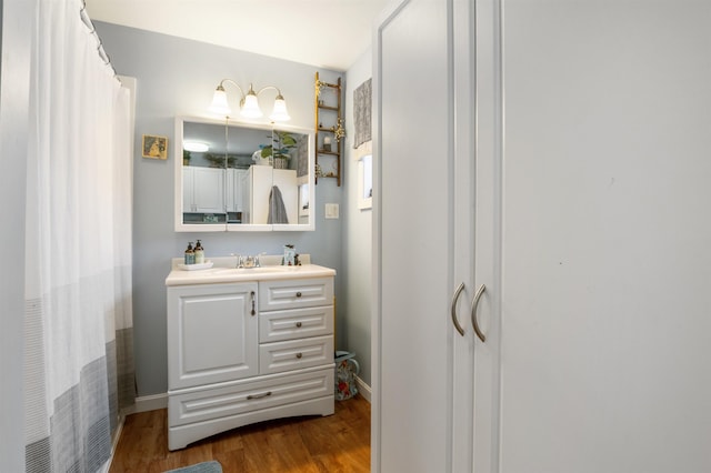 bathroom with wood-type flooring and vanity