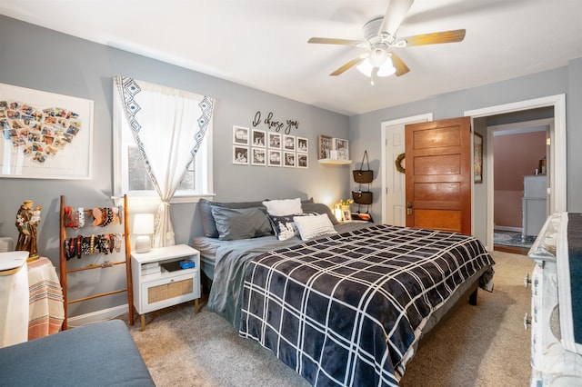 bedroom featuring ceiling fan and carpet floors