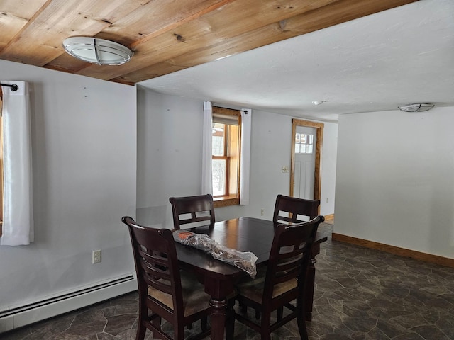 dining space with a baseboard heating unit and wood ceiling