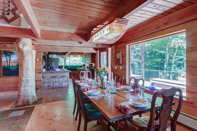 dining space with wooden walls, wooden ceiling, and a baseboard heating unit