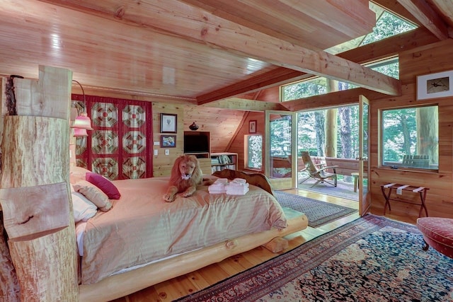 bedroom featuring lofted ceiling with beams, hardwood / wood-style flooring, wood walls, and wood ceiling