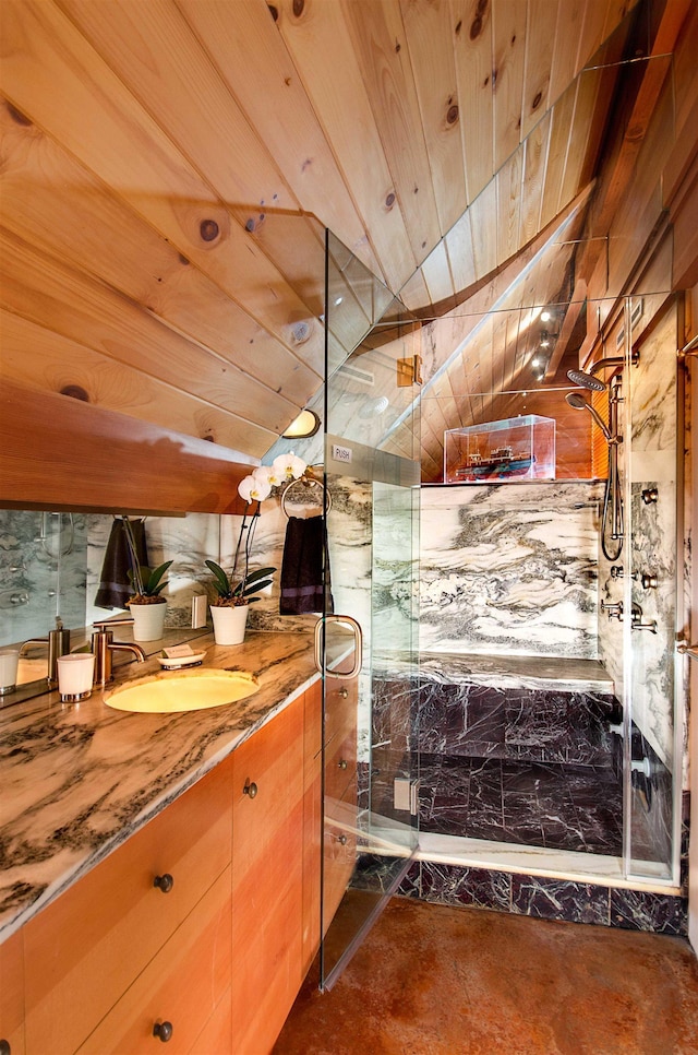 bathroom with an enclosed shower, wood ceiling, vanity, lofted ceiling, and wood walls