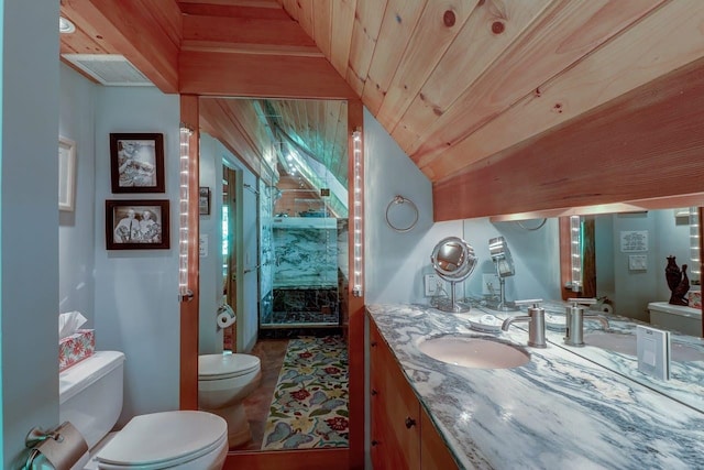 bathroom featuring vanity, wooden ceiling, lofted ceiling, and toilet