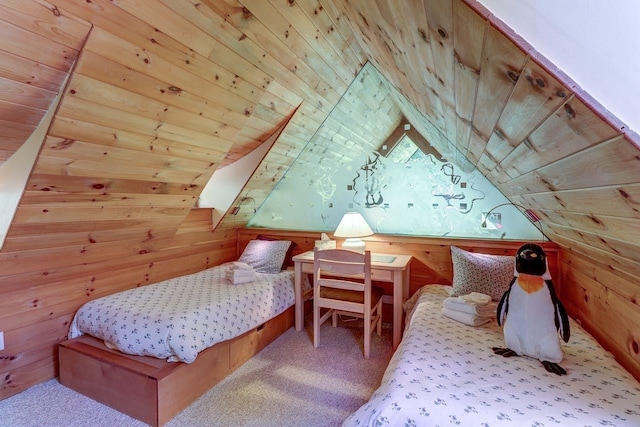 carpeted bedroom with wood ceiling, wooden walls, and vaulted ceiling