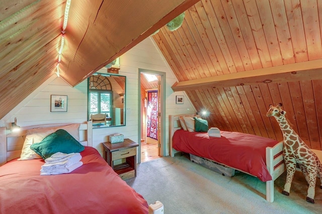 carpeted bedroom featuring wood walls, wood ceiling, and lofted ceiling