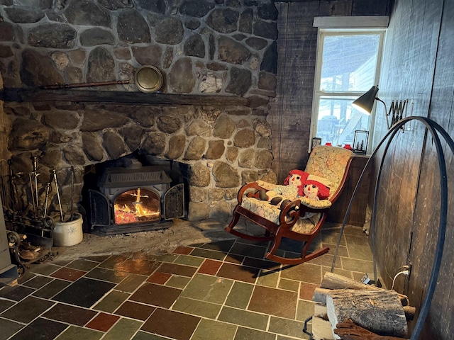 living area with a wood stove