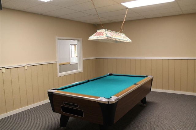 game room featuring dark colored carpet, a drop ceiling, and billiards