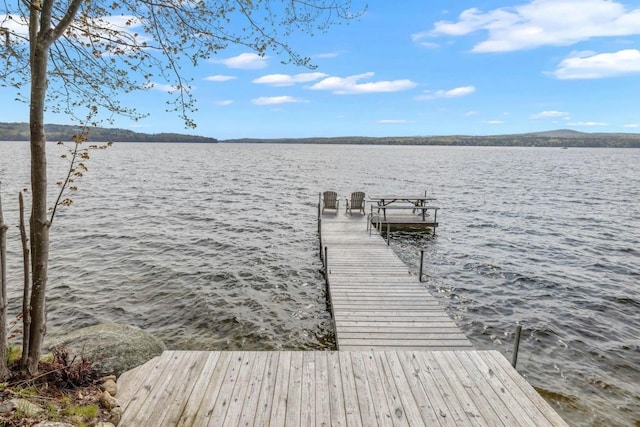 dock area featuring a water and mountain view