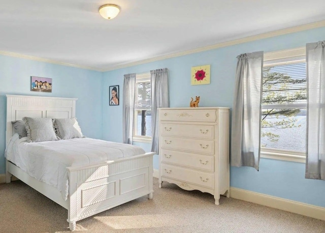 bedroom featuring light carpet and ornamental molding