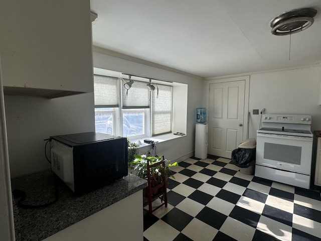 kitchen featuring electric range and crown molding