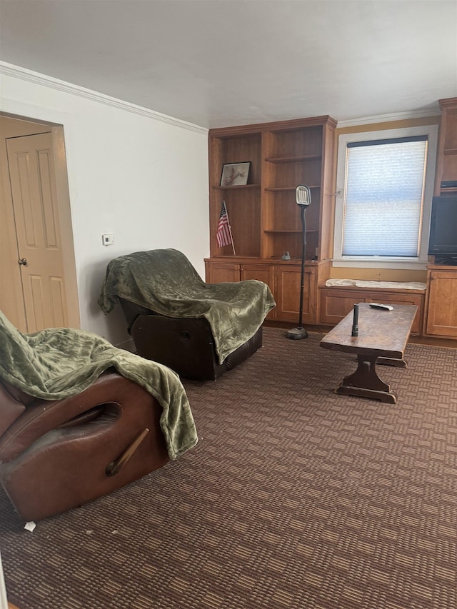 bedroom featuring dark colored carpet and ornamental molding