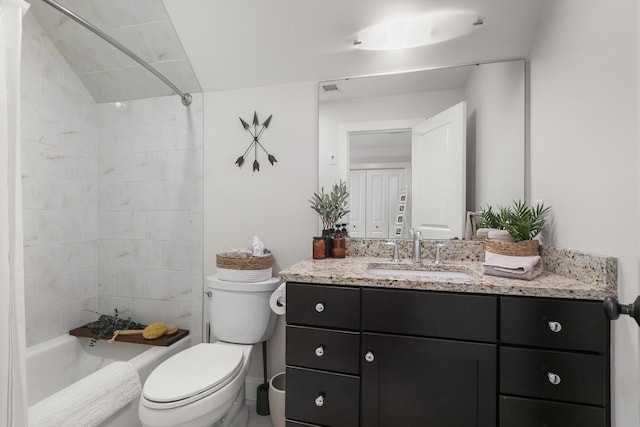 full bathroom with vanity, toilet, and washtub / shower combination