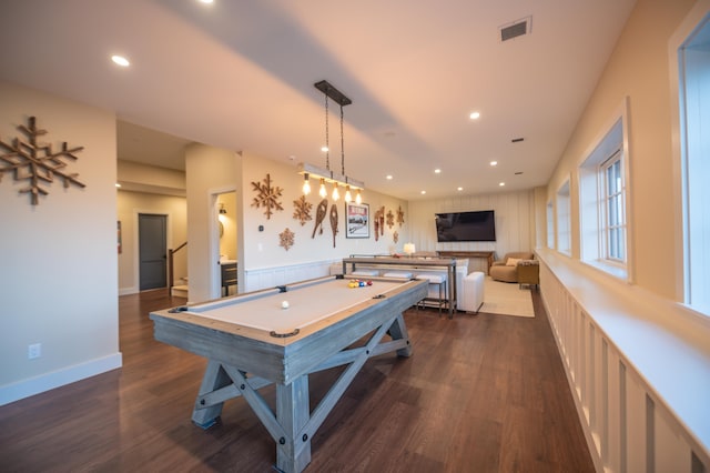 rec room with billiards and dark hardwood / wood-style floors